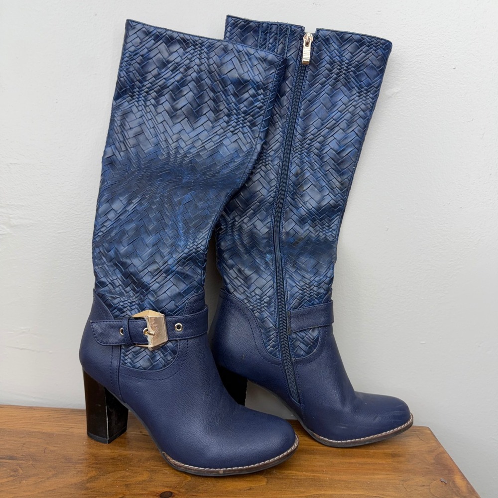 Monroe and Main Navy Blue Woven Tall Block Heel Boots Women 6M Side Zip Buckle